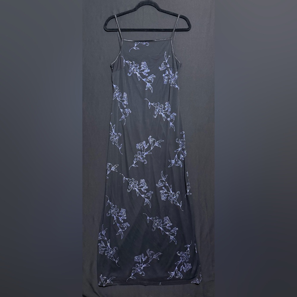 Connected Apparel Black Dress with Blue Embroidery
